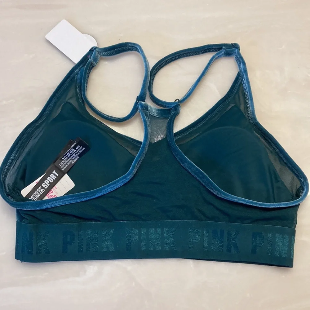 PINK Victoria’s Secret Sports Bra SM NWT AQUA/Hunter Green velvet adjust straps
